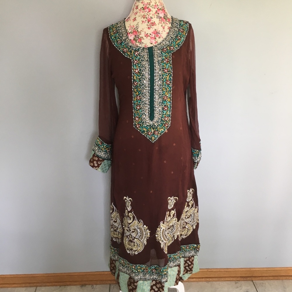 Pakistani Indian Brown Blue Teal Shalwar Kameez dress 3 piece